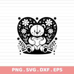 Teddy Bear Heart SVG, DXF, EPS. Cricut, Silhouette, CNC cutting files. Floral design.