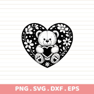 Teddy Bear Heart Floral SVG, DXF, EPS Cut File for Cricut, Silhouette, CNC