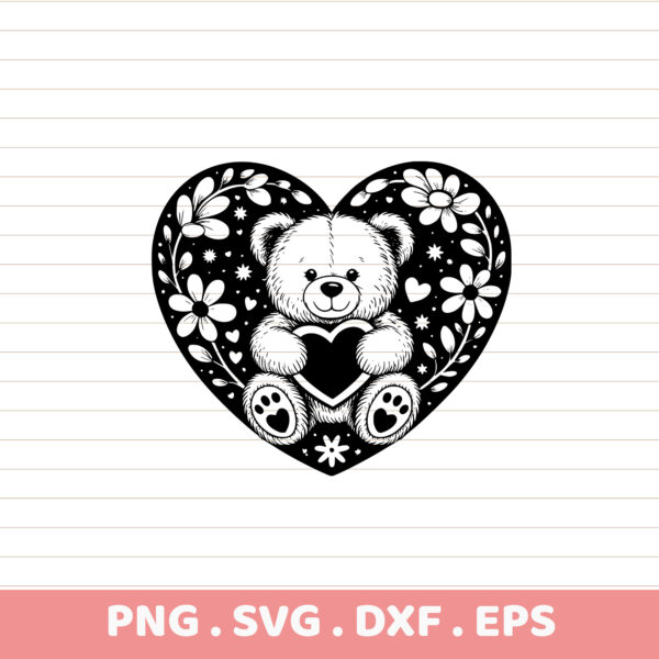 Teddy Bear Heart Floral SVG, DXF, EPS Cut File for Cricut, Silhouette, CNC