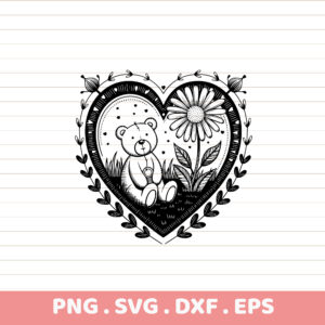 Heart Mandala with Teddy Bear SVG, DXF, EPS, PNG. Perfect for Cricut, Silhouette, and CNC cutting.