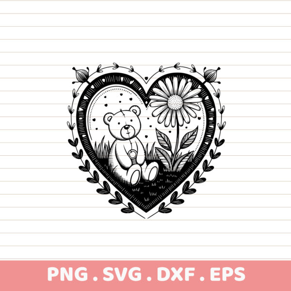 Heart Mandala with Teddy Bear SVG, DXF, EPS, PNG. Perfect for Cricut, Silhouette, and CNC cutting.