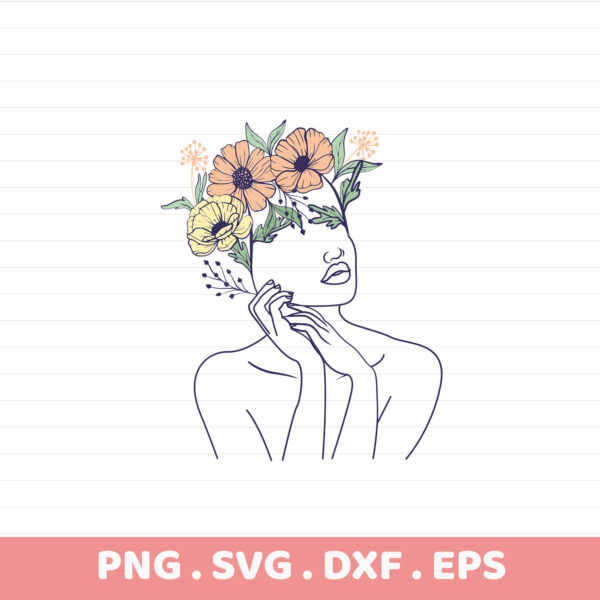 Floral woman line art SVG for Cricut, Silhouette, and laser cutters. Serigraphy stencil design for screen printing.