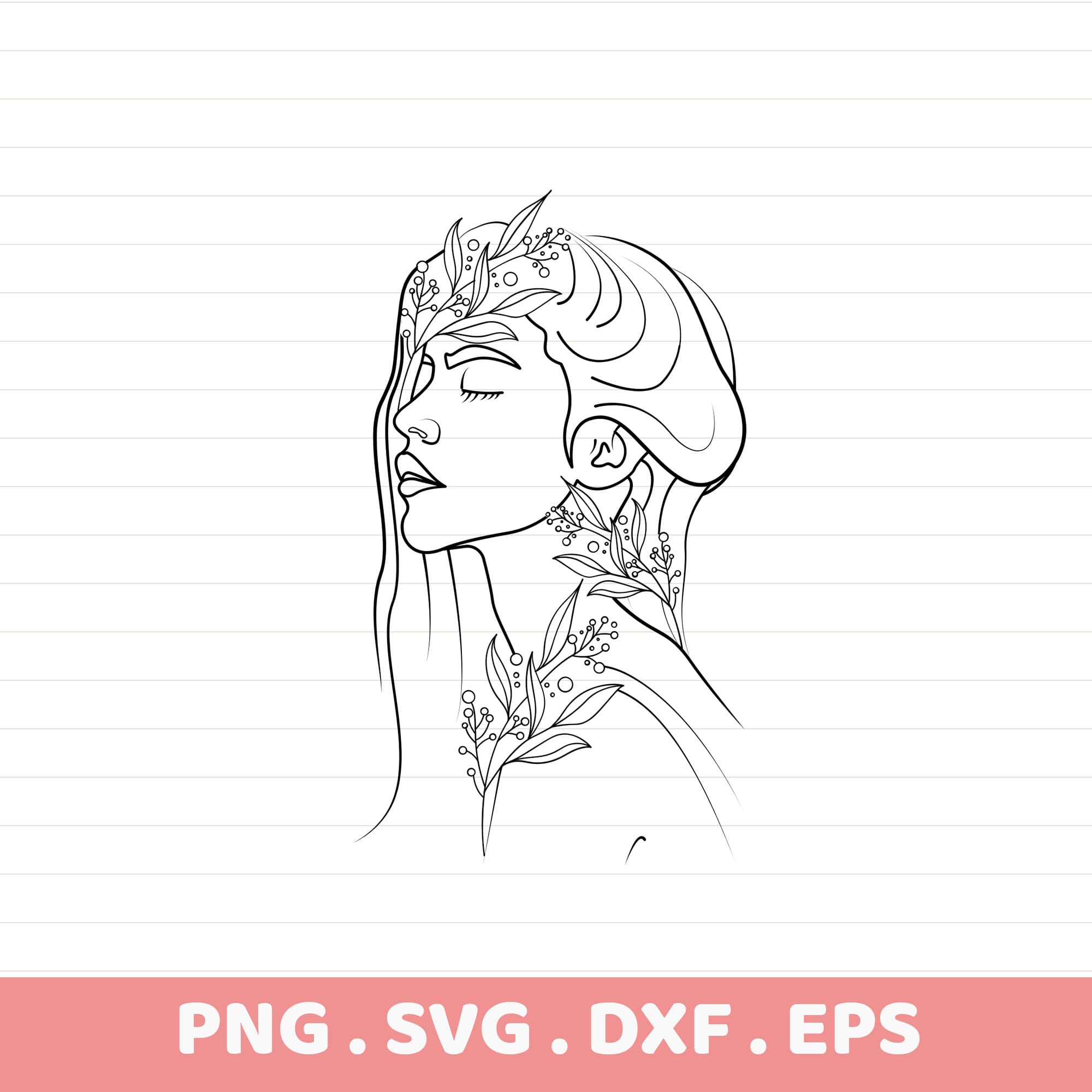 Elegant line art laser cut design; woman with floral accents, universal electronic cutter file.