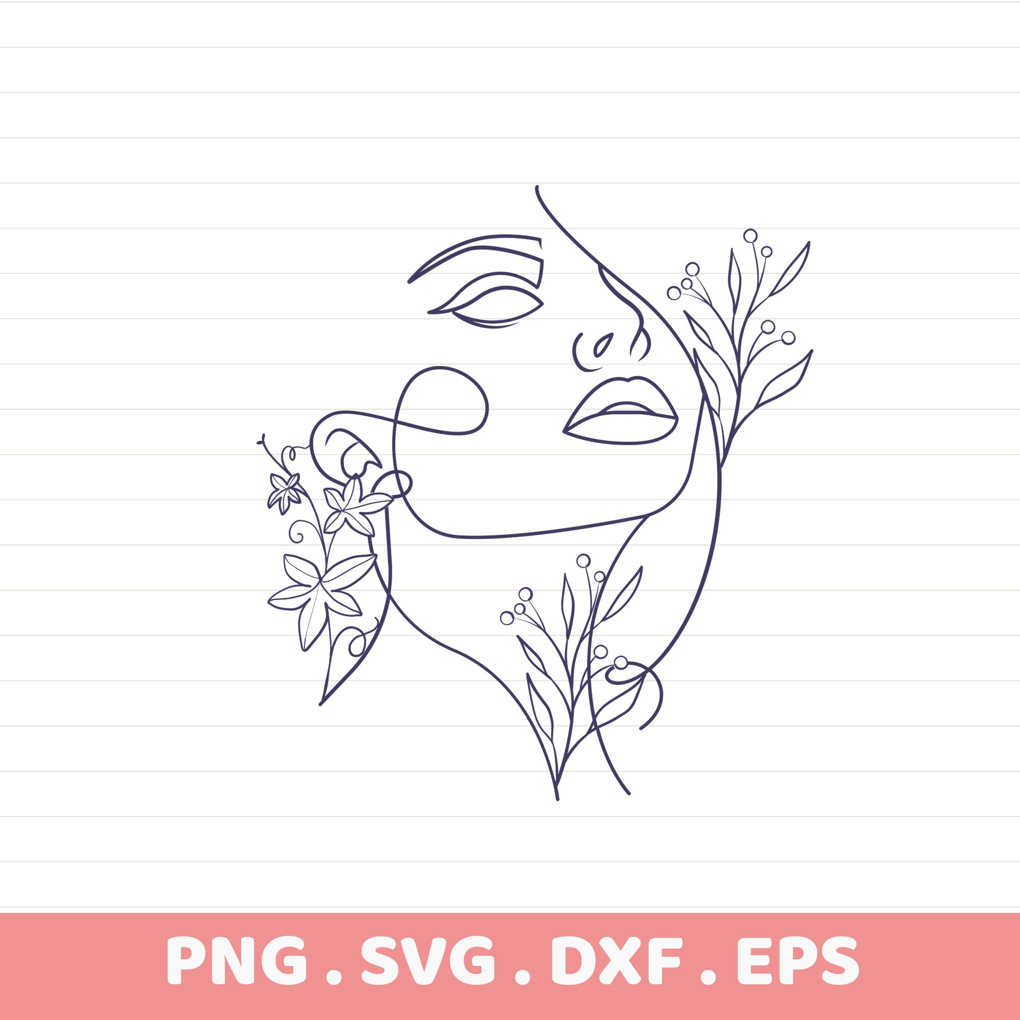 Line art SVG: Woman's face with floral accents, stencil design for Cricut, Silhouette, and laser cutters.