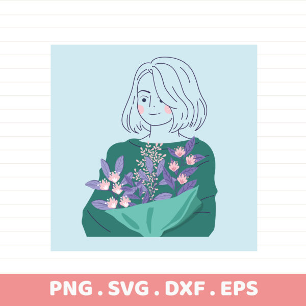 Floral Serigraphy Stencil File for All Cutters. Woman with bouquet illustration.