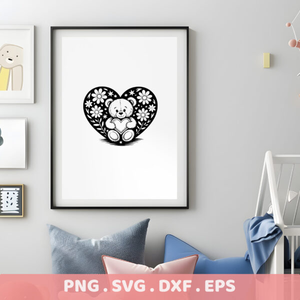 Teddy Bear Heart Floral SVG, DXF, EPS Cut File. Perfect for Cricut, Silhouette, CNC.