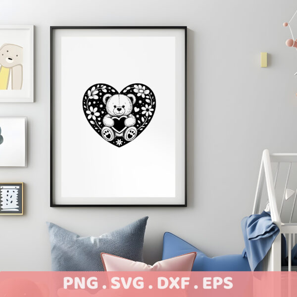Teddy Bear Mandala Heart SVG, DXF, EPS Cut Files for Cricut, Silhouette, CNC & Laser Cutting.