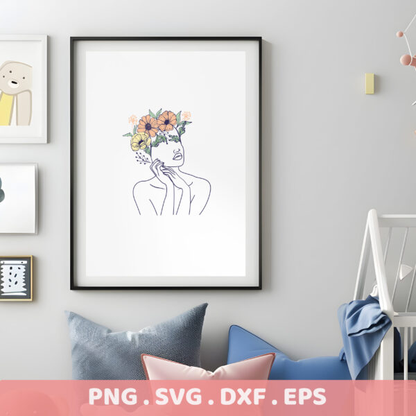 Floral woman line art SVG for Cricut, Silhouette, and laser cutters. Serigraphy stencil design for screen printing.
