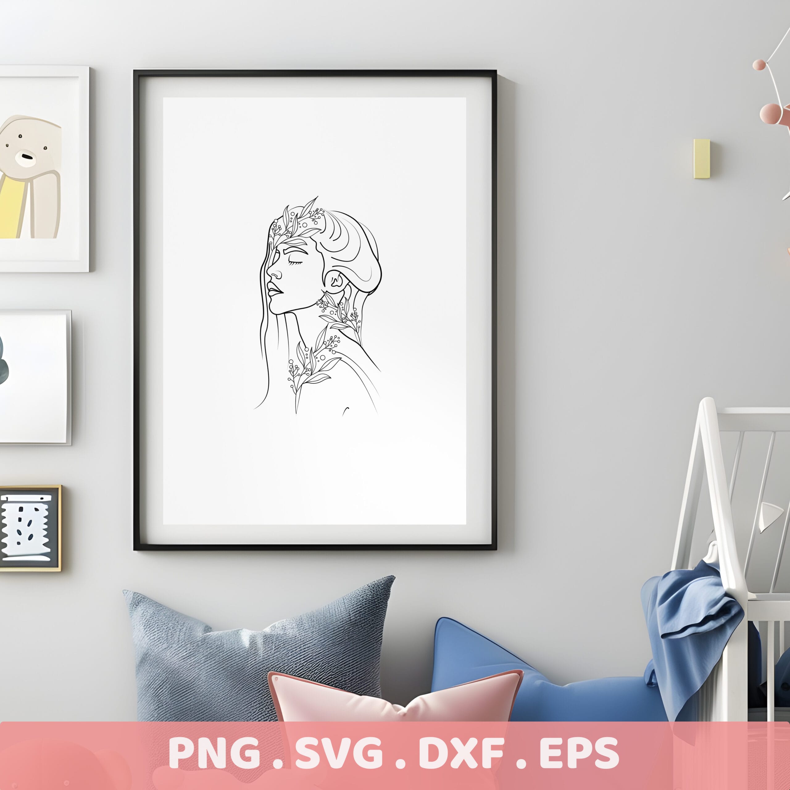 Line art laser cut design; minimalist woman with floral crown, stencil for screen printing.