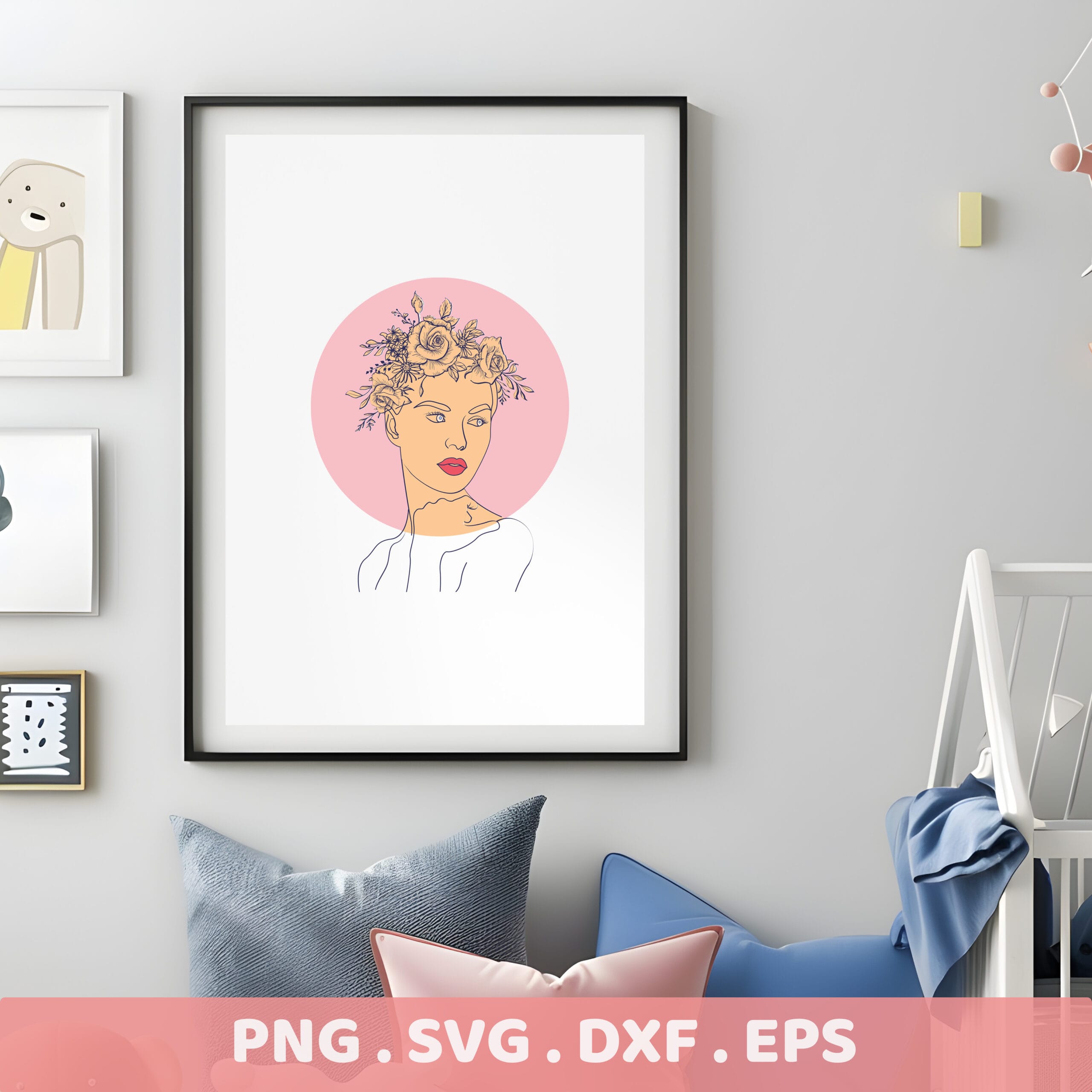 Floral portrait line art SVG for Cricut & Silhouette. Serigraphy stencil design for electronic cutters.