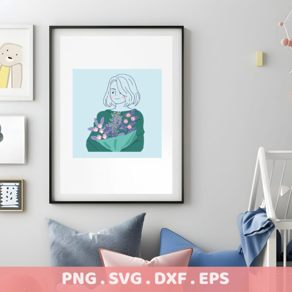 Floral serigraphy stencil design for electronic cutters. Woman with flowers illustration.