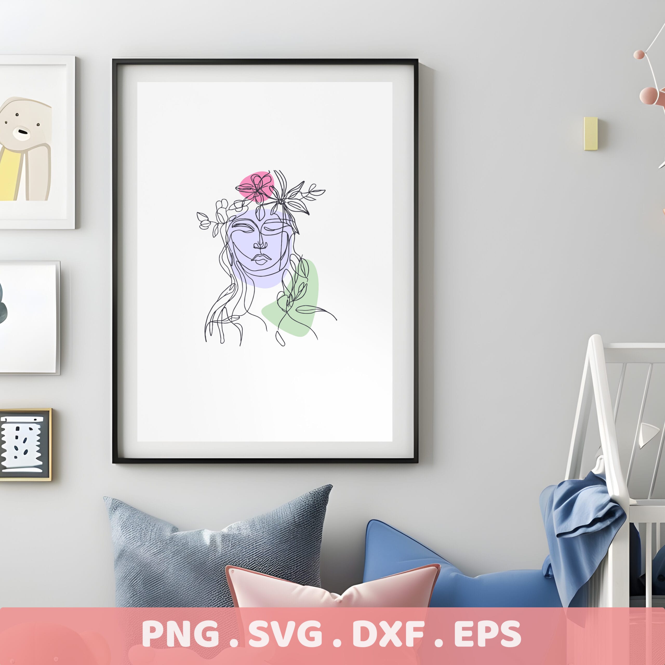 Line art portrait SVG for Cricut, Silhouette, CNC. Floral head serigraphy stencil design for electronic cutters.