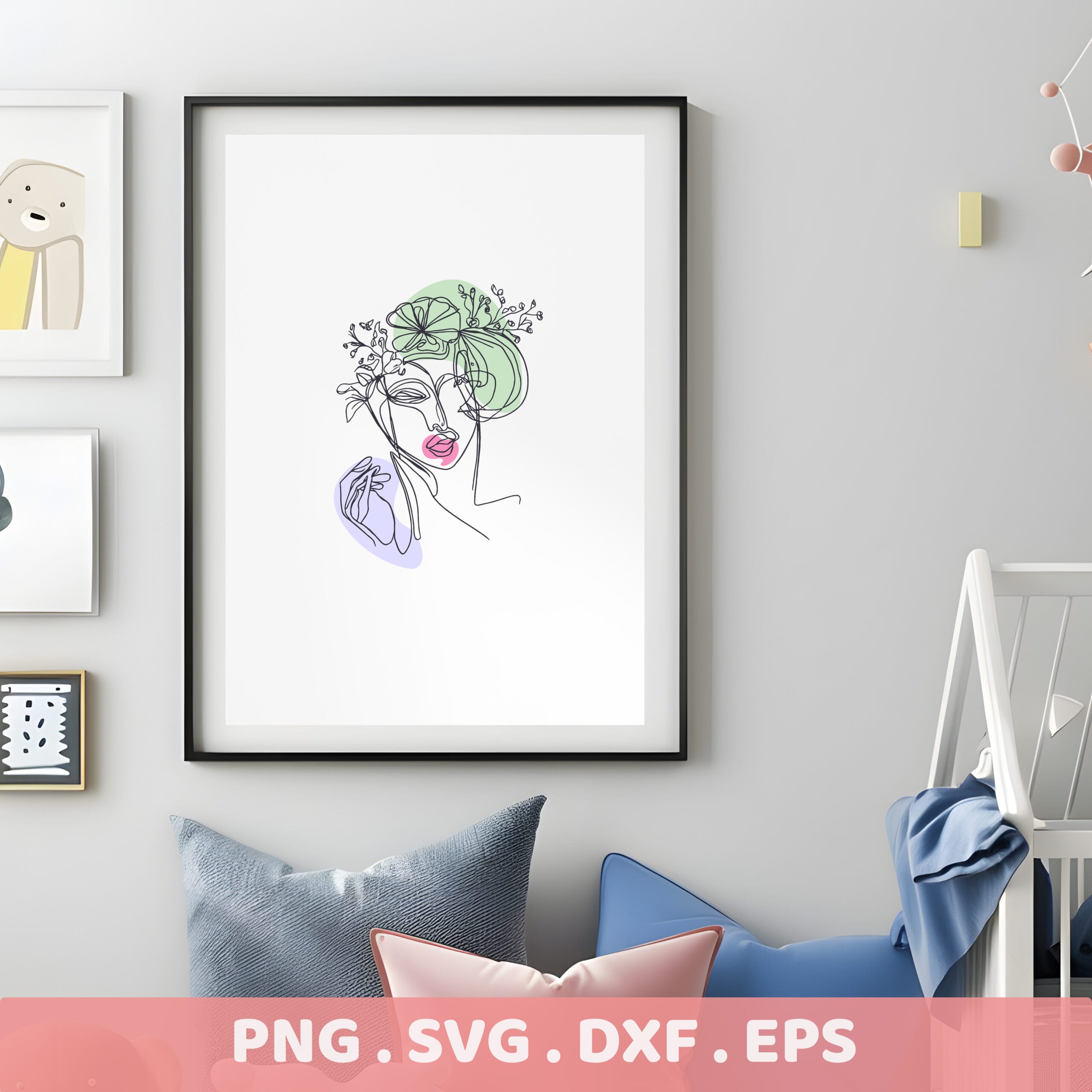 Line art portrait SVG for Cricut & laser cutters. Floral crown serigraphy stencil design for crafters.