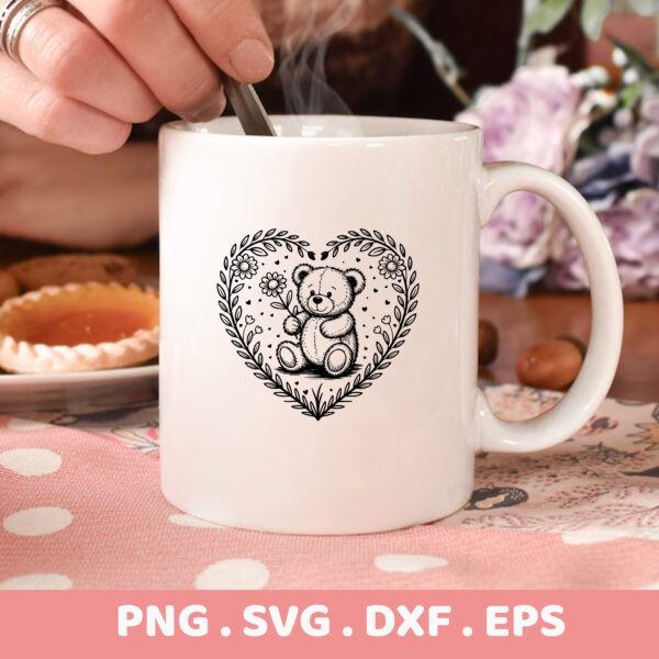 Heart-shaped teddy bear SVG, DXF, PNG, EPS files for Cricut, Silhouette, and CNC cutting.