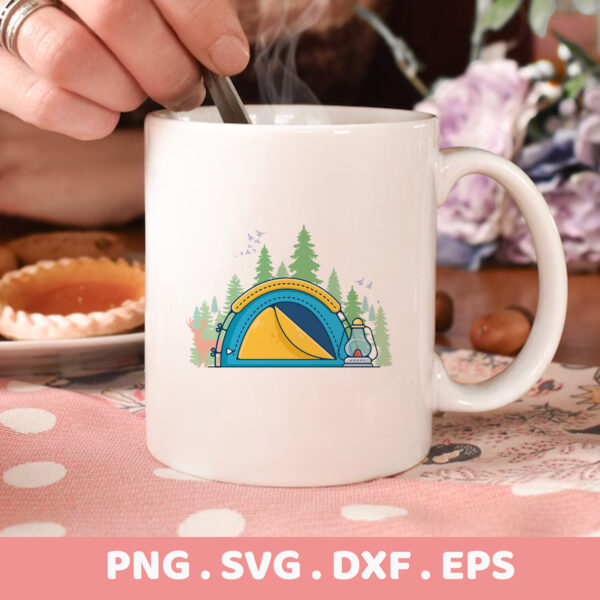 Camping tent illustration for Cricut, Silhouette, and laser cutters; serigraphy stencil design.