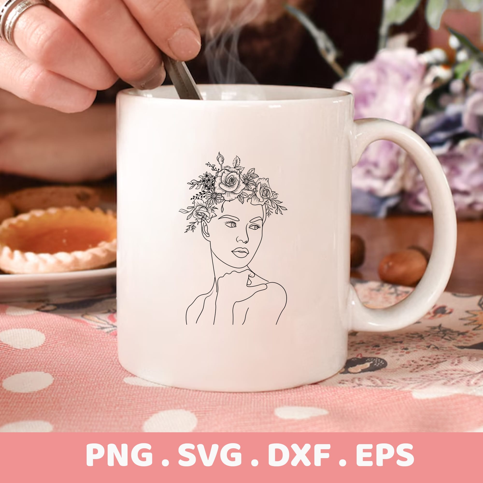 Floral woman line art laser cut stencil design on a mug for electronic cutting machines.