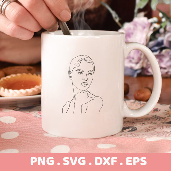 Woman's face line art on mug for laser cut stencil, Cricut & Silhouette. Serigraphy design.