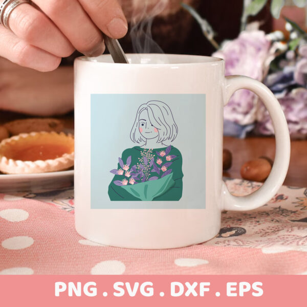 Floral Serigraphy Stencil Design for All Cutters: Woman with Bouquet Illustration.