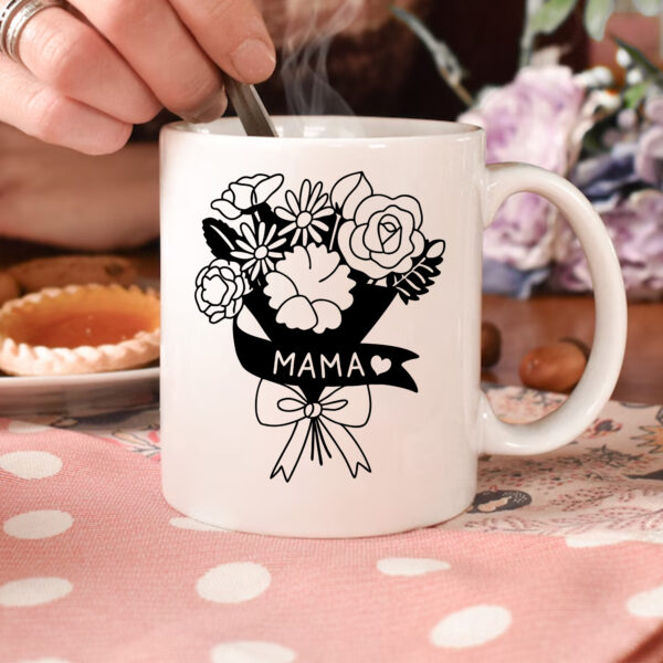 Mama mug, Mother's Day gift. Floral bouquet design, heart detail. Sublimation & DTF ready.