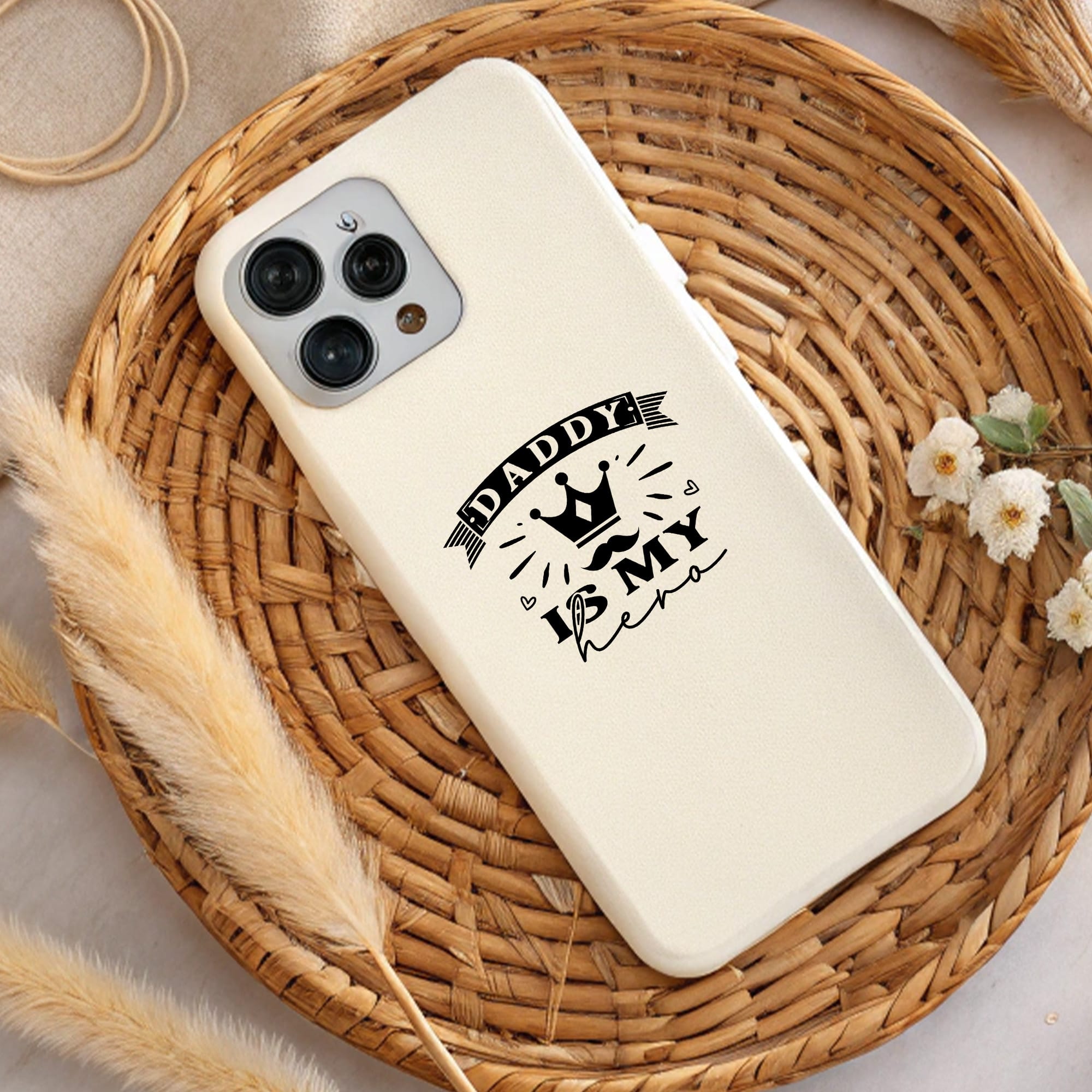 Cream phone case with "Daddy is my hero" design. Father's Day gift. DTF & sublimation design.