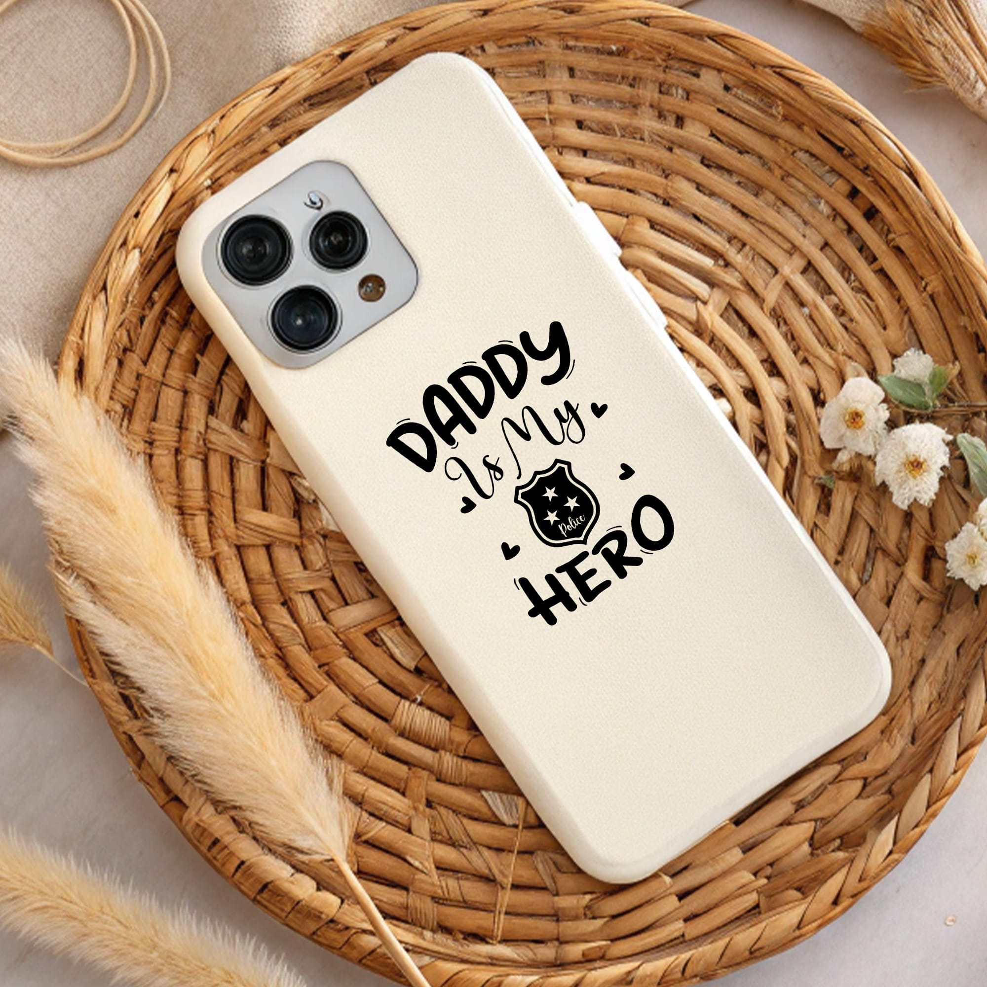 Cream phone case with "Daddy is my Hero" design. Perfect Father's Day sublimation or DTF print.