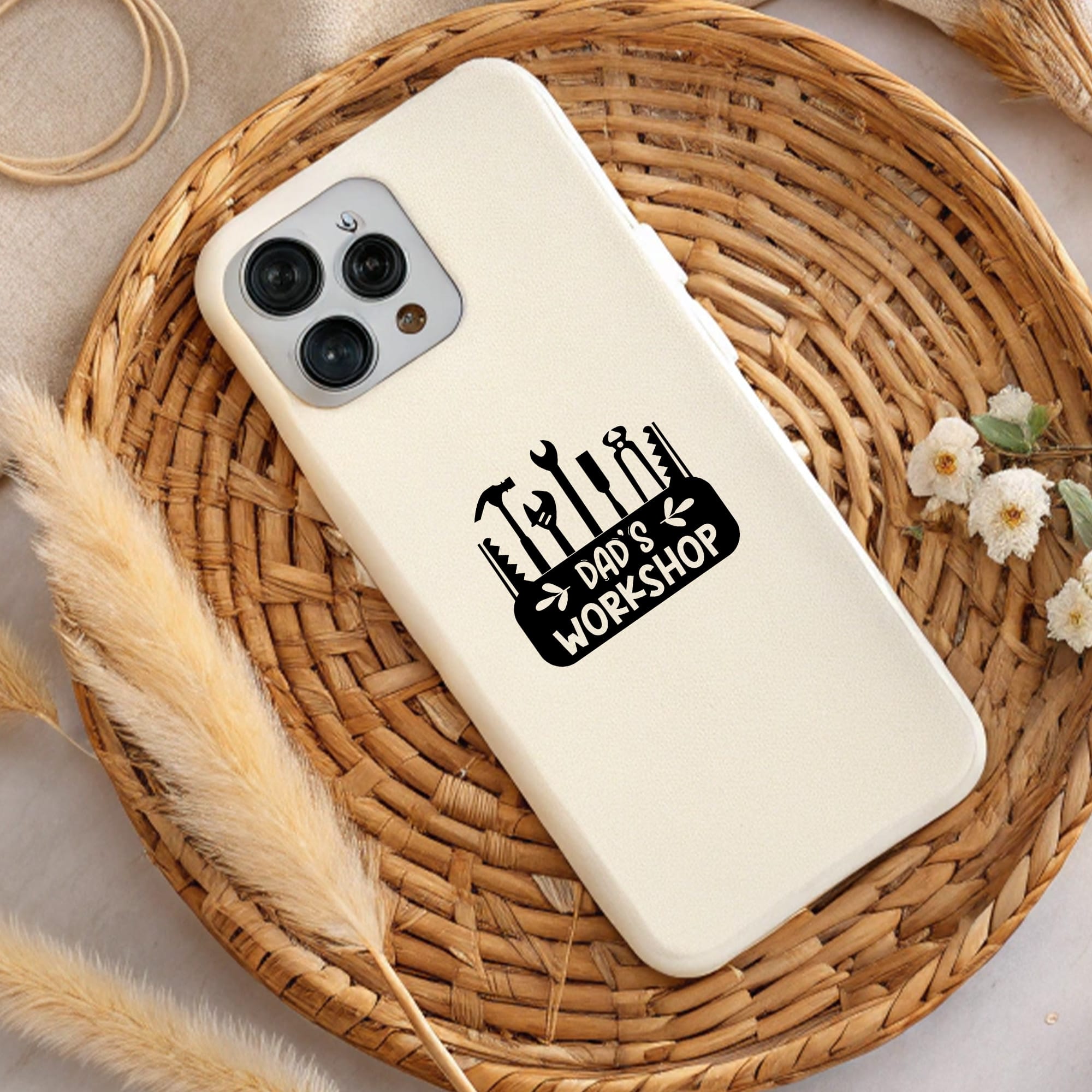 Dad's Workshop Phone Case. Cream case with black tool graphic. Father's Day gift. Sublimation & DTF ready.