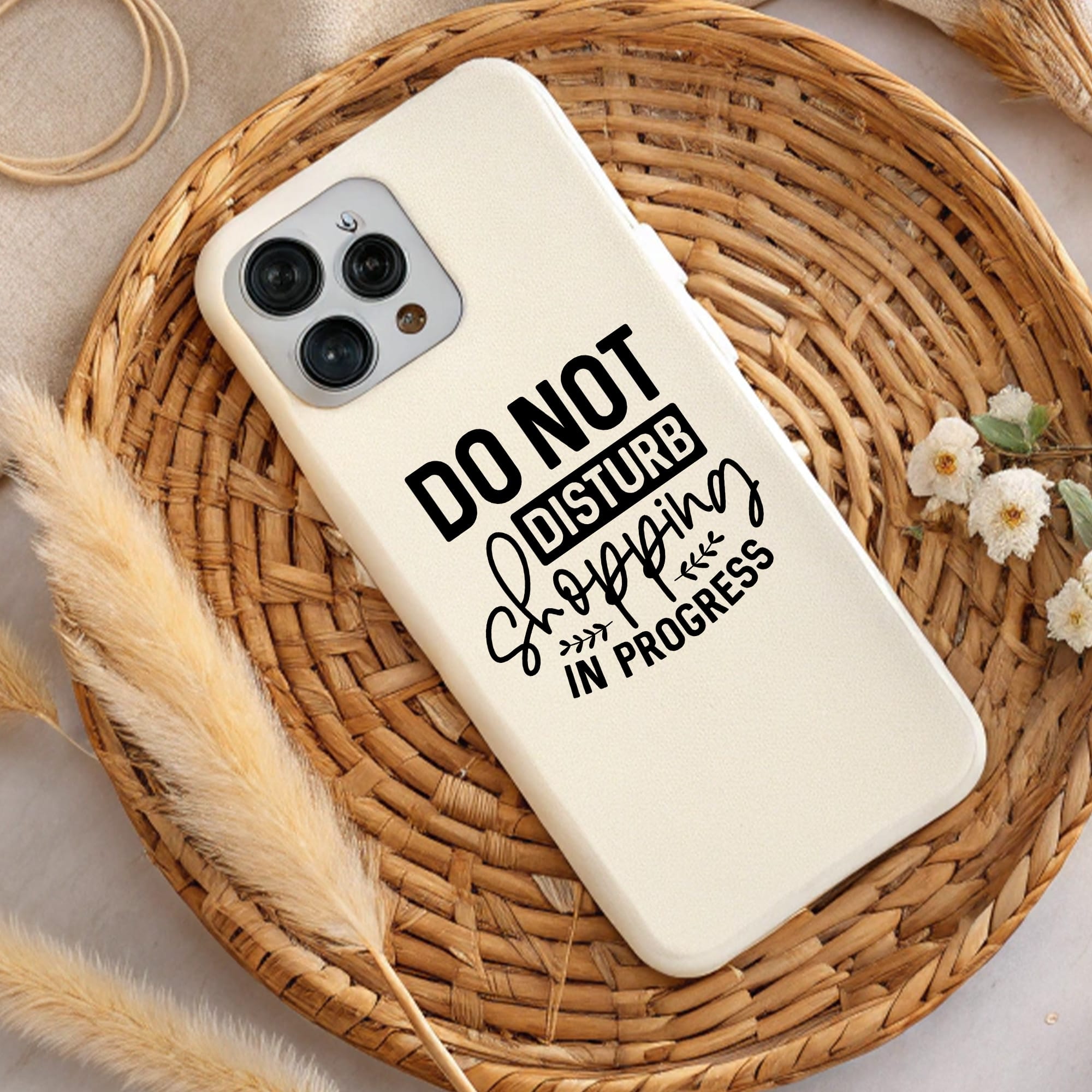 Cream phone case with "Do Not Disturb Shopping in Progress" design. Perfect gift! DTF & sublimation ready.