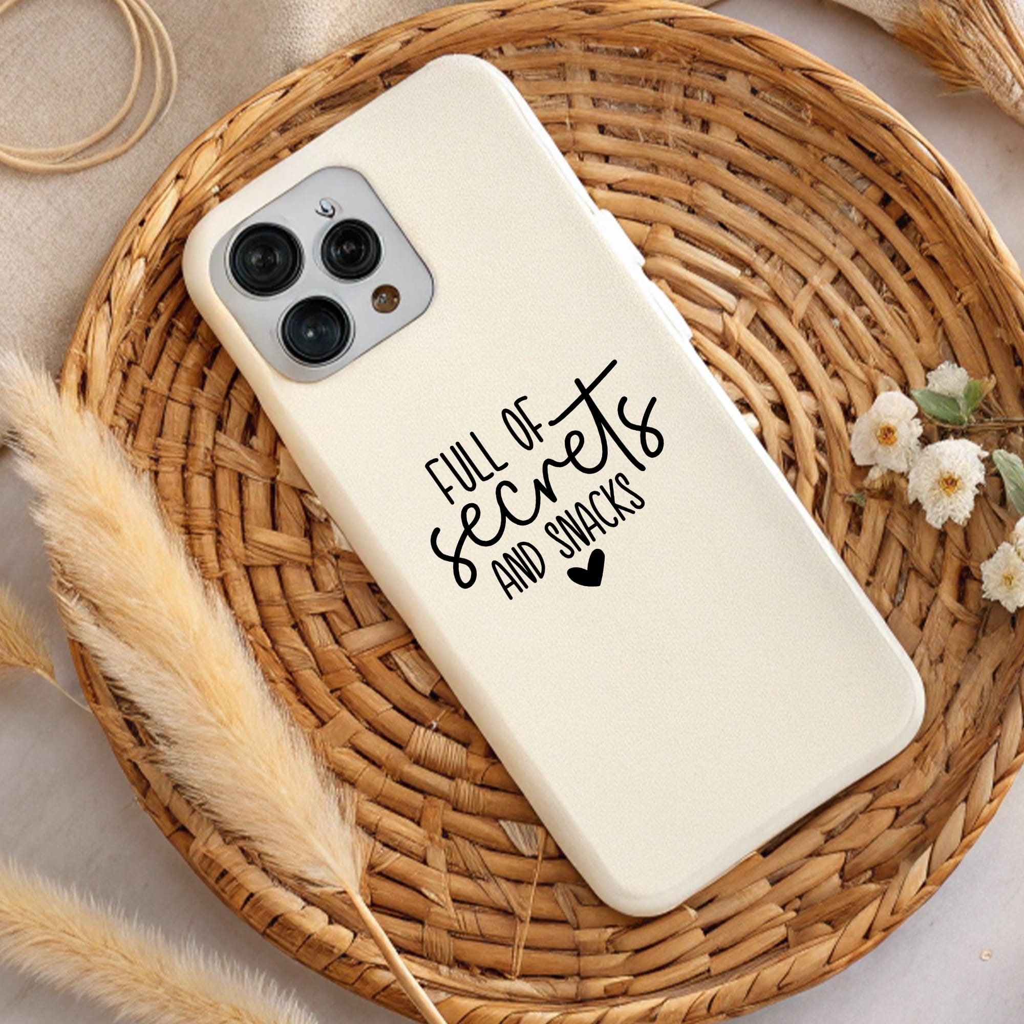 Cream phone case with "Full of secrets and snacks" design. Perfect sublimation or DTF print, instant download.