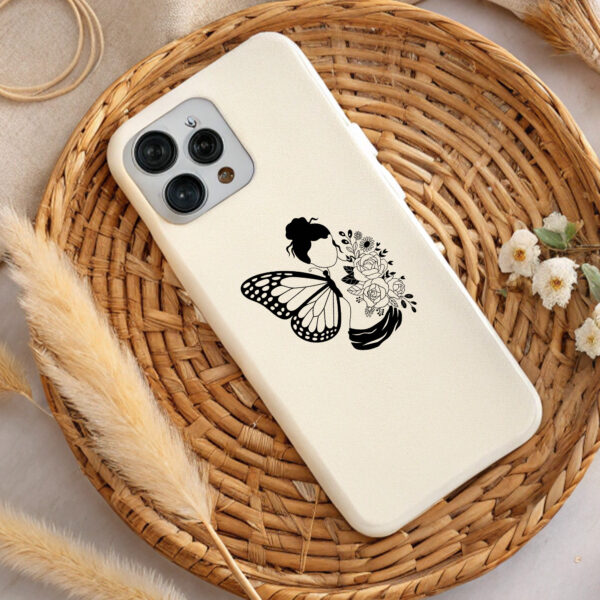 Butterfly SVG Cut File. Cream phone case design featuring a woman, butterfly, and flowers. Perfect for Cricut, Silhouette, CNC, and laser cutting.