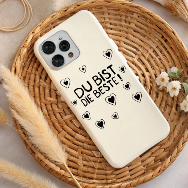 Cream phone case with "Du bist die Beste!" (You are the best!) and hearts. Perfect gift! DTF & sublimation ready.