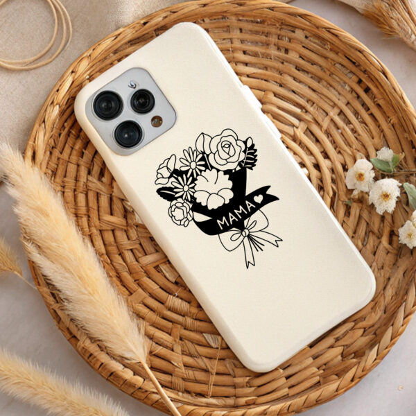 Cream phone case with black floral bouquet and "Mama" heart design. Perfect Mother's Day gift, DTF & sublimation ready.