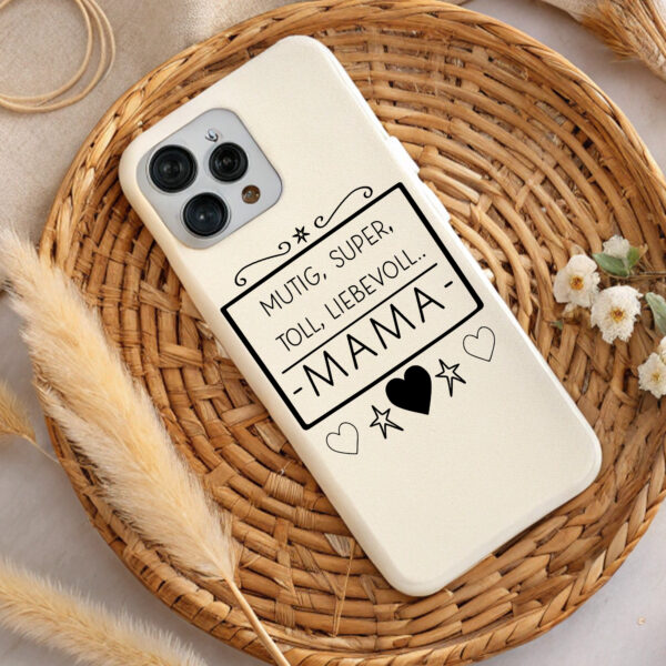 Cream phone case with "Brave, Super, Amazing Mom" design. Perfect Mother's Day gift. DTF & sublimation ready.