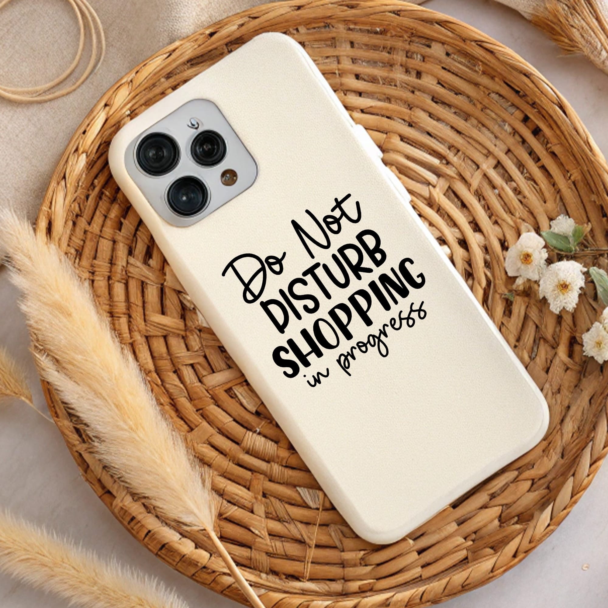 Cream phone case with "Do Not Disturb Shopping in progress" text. Perfect gift! DTF & sublimation design.