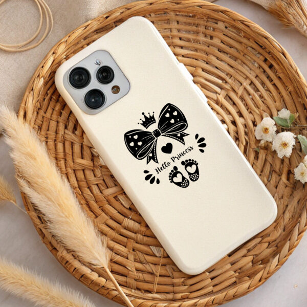 Cream phone case with black bow, crown, and baby footprints design. Perfect baby shower gift. Bow clipart design.