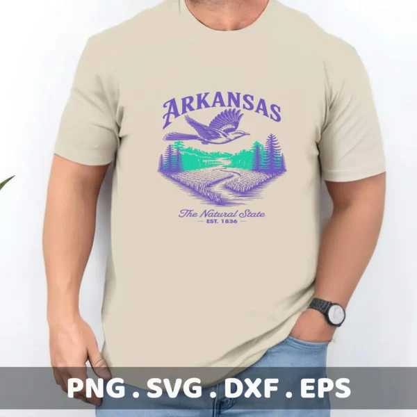 Arkansas bird Cricut file for a vinyl decal on a t-shirt, shown on a model.