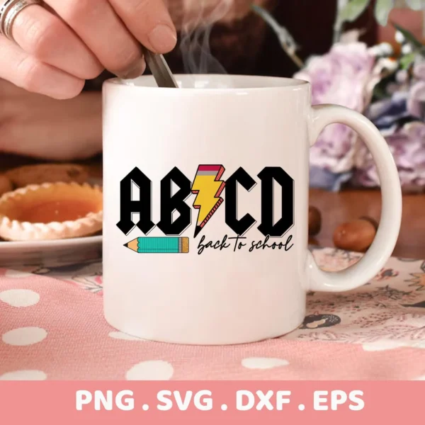 Back To School Cricut alphabet design as a vinyl decal for a teacher appreciation gift mug.