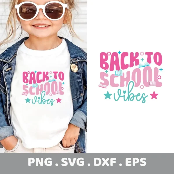 Back To School Vibes" quote as a Cricut cut file for a teacher t-shirt.