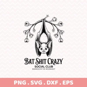 A detailed black and white Halloween Bat Cricut Design featuring a bat hanging upside down from a flowering branch, intended for cutting or serigraphy projects.