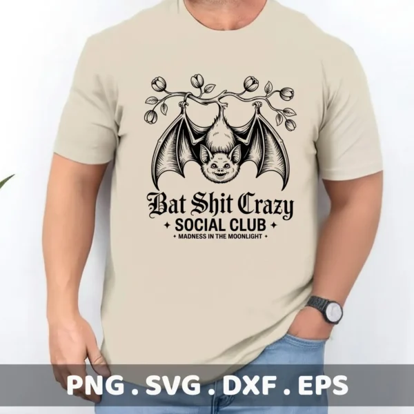 A Halloween-themed shirt design featuring a bat hanging upside down from a branch, with the text "Bat Shit Crazy Social Club," intended for Cricut cutting or screen printing.