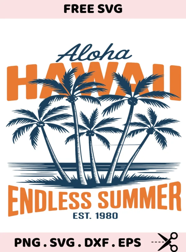Aloha Hawaii SVG Cut File. Palm trees, beach scene. Cricut, Silhouette, laser cutting designs. Perfect for stencils & screen printing.