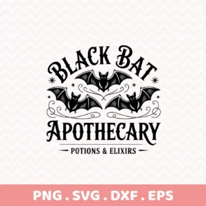 Halloween bat apothecary design featuring three bats and the text "Black Bat Apothecary," suitable for Cricut cutting or other digital crafting projects.