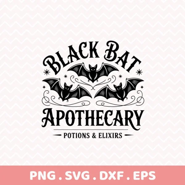 Halloween bat apothecary design featuring three bats and the text "Black Bat Apothecary," suitable for Cricut cutting or other digital crafting projects.