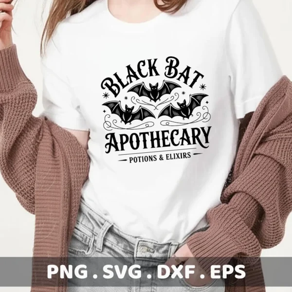 Halloween bat apothecary design featuring three bats and text, suitable for Cricut cutting or other digital crafting projects.