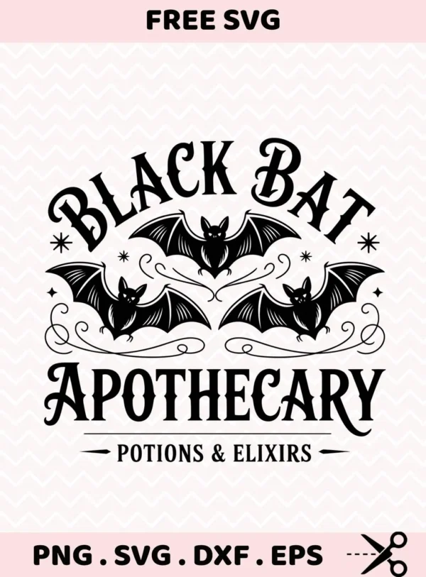 Halloween bat apothecary design featuring three bats and the text "Black Bat Apothecary," suitable for Cricut cutting or other digital crafting projects.