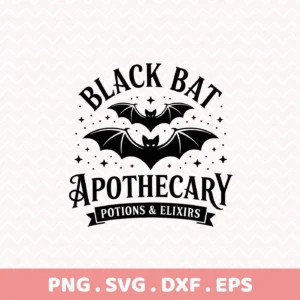 Black bat apothecary Cricut design for Halloween potion labels, suitable for cutting and serigraphy.
