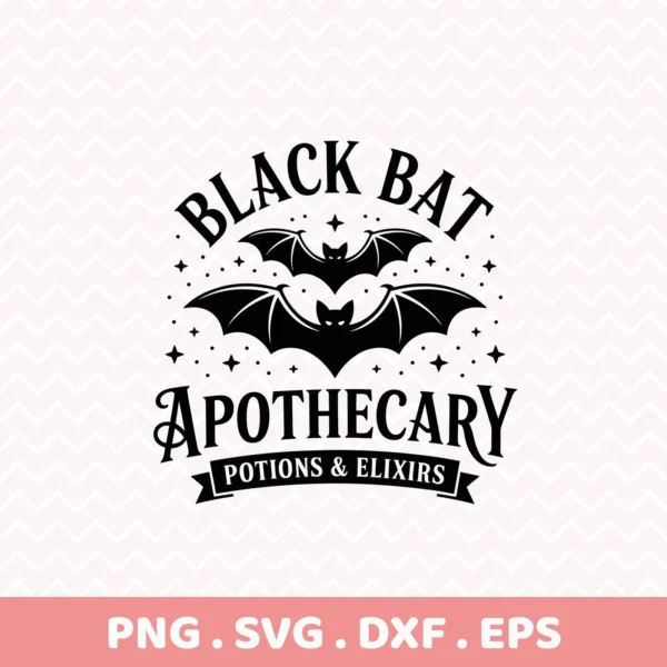 Black bat apothecary Cricut design for Halloween potion labels, suitable for cutting and serigraphy.
