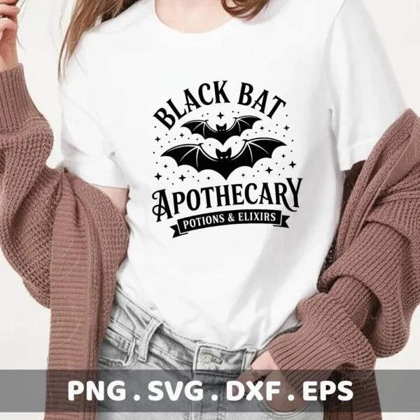 A woman wears a white t-shirt featuring a black "Bat Apothecary Cricut Design" with bats and stars, intended for cutting machines or screen printing.