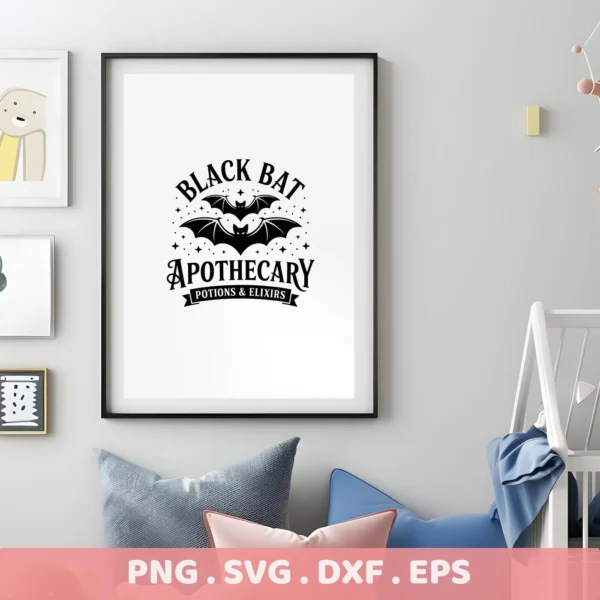 Black and white "Bat Apothecary Cricut Design" featuring bats and potion label text, intended for cutting machines or serigraphy applications.