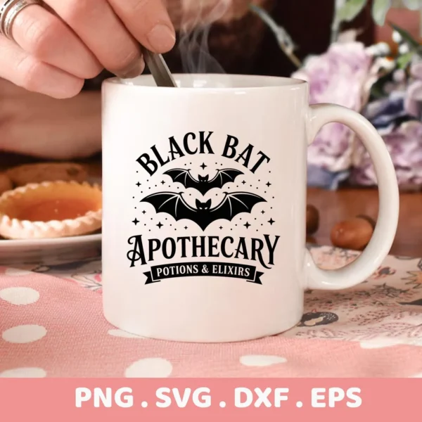 Close-up of a white mug featuring a "Black Bat Apothecary" design with bat silhouettes, intended as a Bat Apothecary Cricut Design for cutting or serigraphy applications.