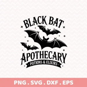 A black and white Bat Apothecary Cricut Design featuring bats and spooky text, suitable for cutting and serigraphy projects.